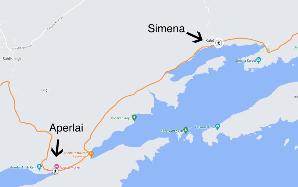 A map of the Lycian Way route from Aperlai to Simena 