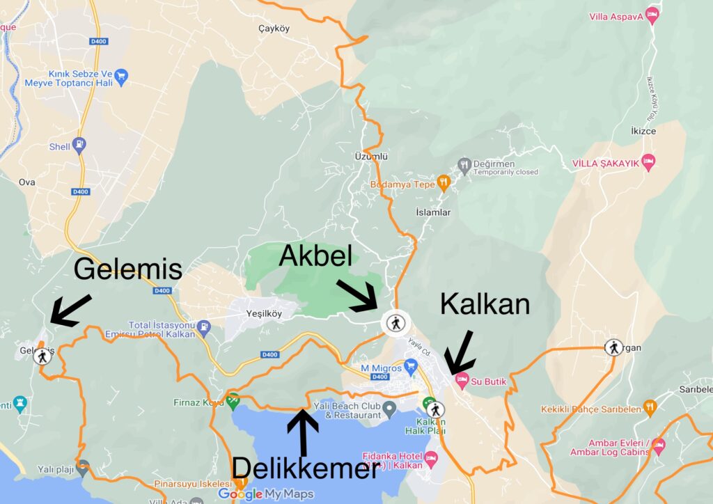 A map of the Lycian Way route showing the camping areas at Gelemis, Akbel, Delikkemmer, and Kalkan