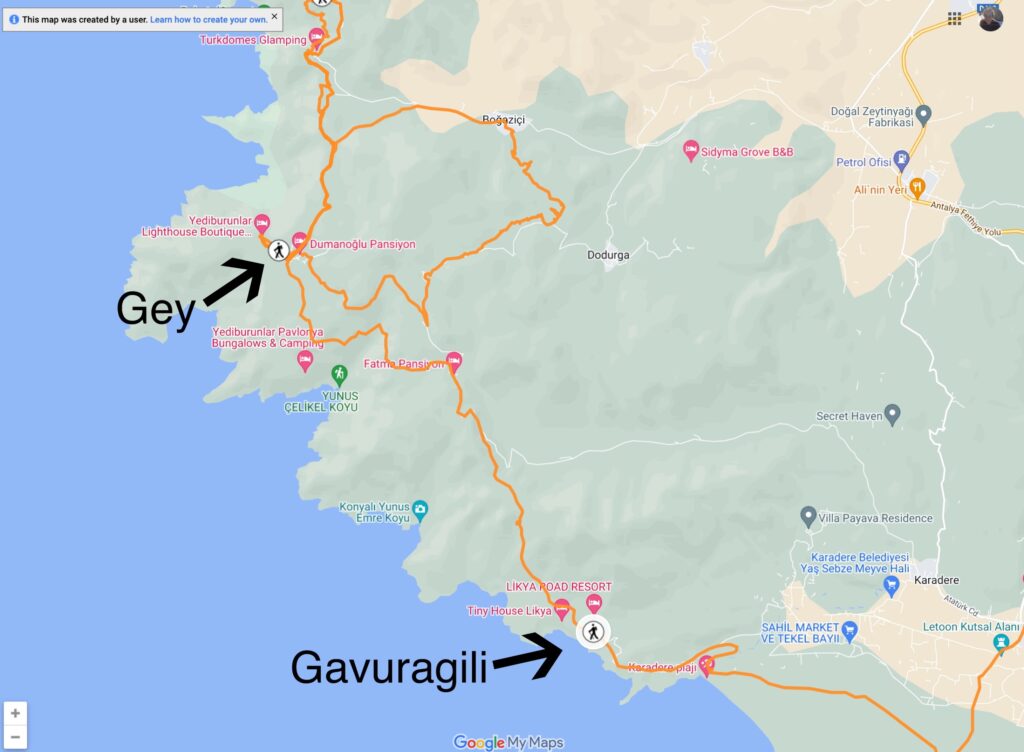 A Lycian Way map of the route from Gey to Gavuragili