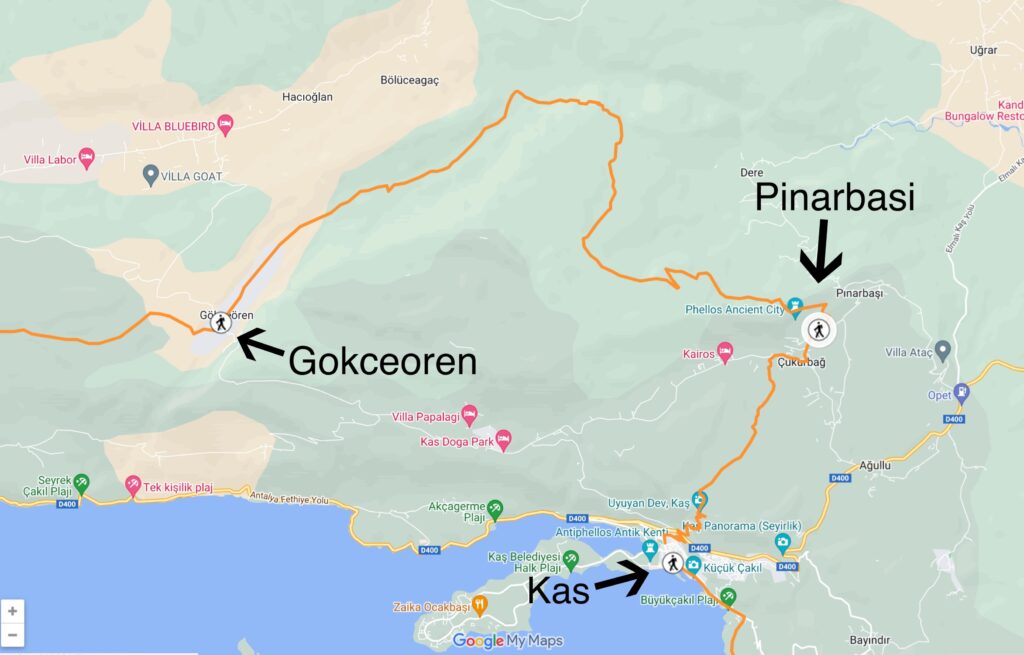 A map of the Lycian Way route from Gokceoren to Pinarbasi to Kas 