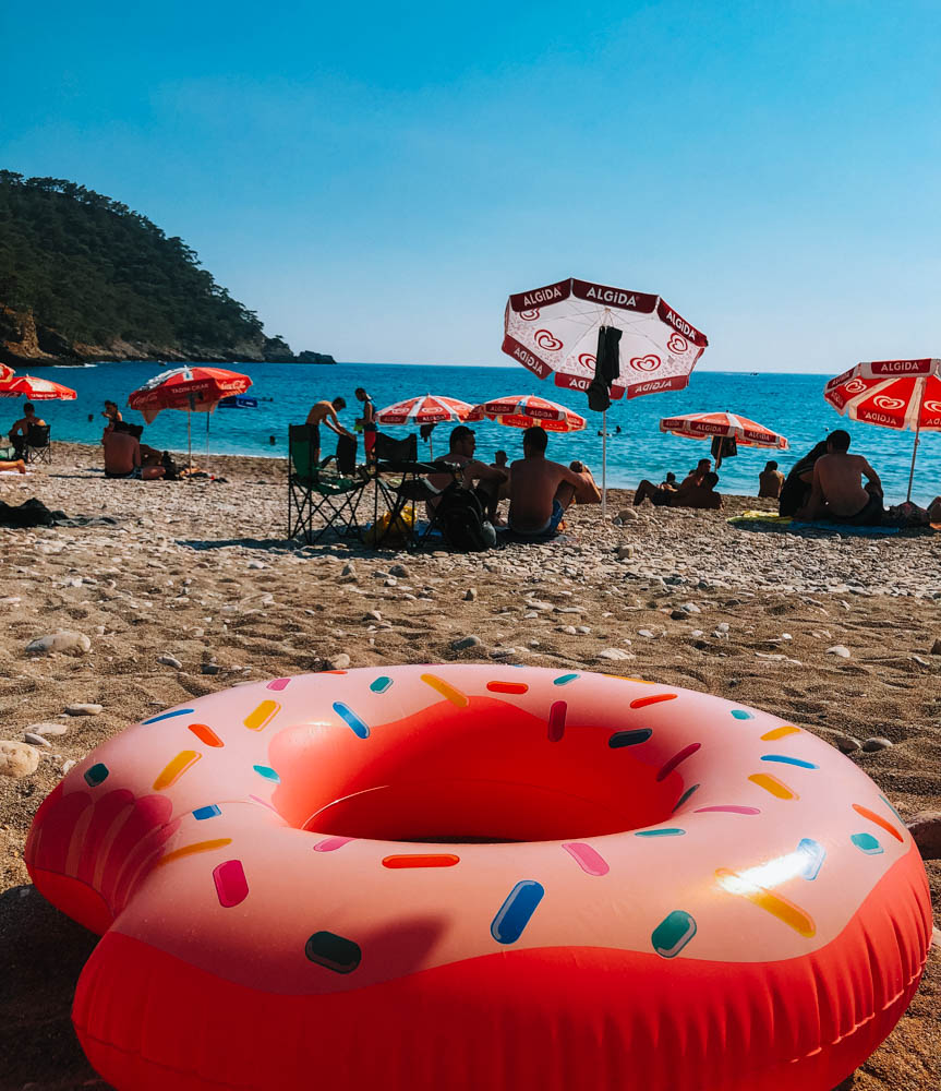 A donut floaty on the sand of Kabak Beach on the Lycian Way