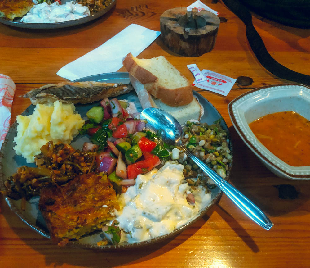 A plate full of homemade Turkish food at Deep Ocean Bungalow in Kabak, Turkey