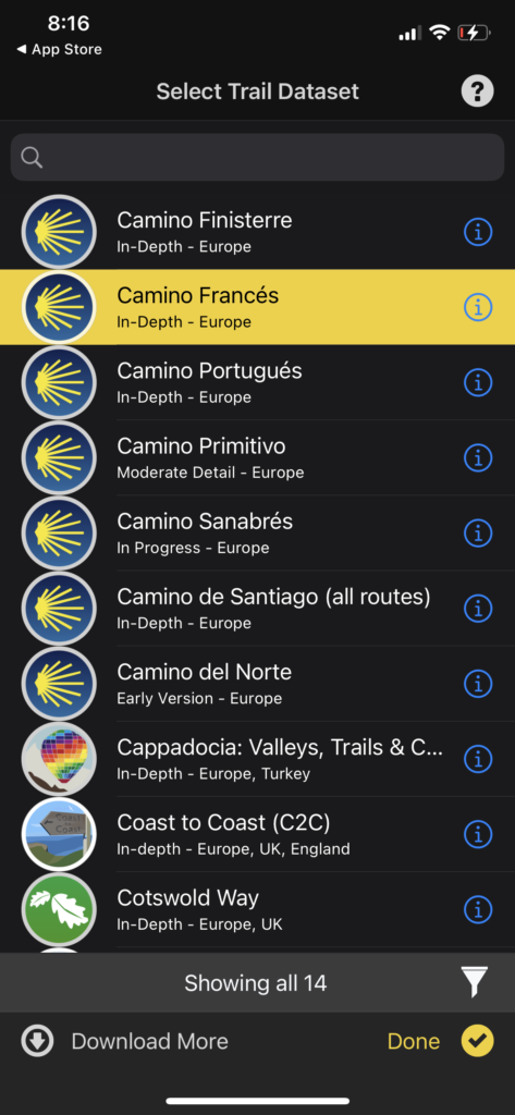 A screenshot of the app TrailSmart showing the different trail routes available for download. 