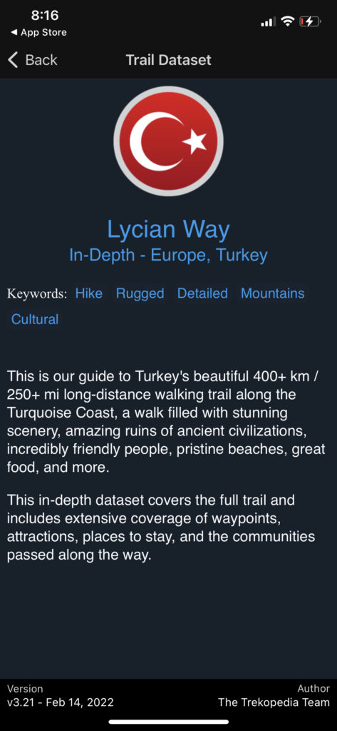 A screenshot of the app TrailSmart that shows the description of the Lycian Way route. 
