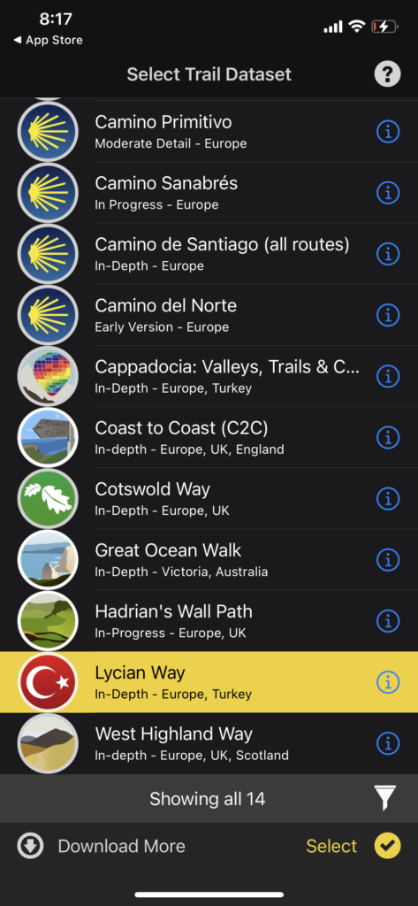 A screenshot of the app TrailSmart that shows the Lycian Way route selected for download. 