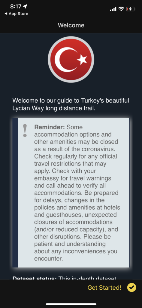 A screenshot of the app TrailSmart that shows the Lycian Way route disclaimer. 