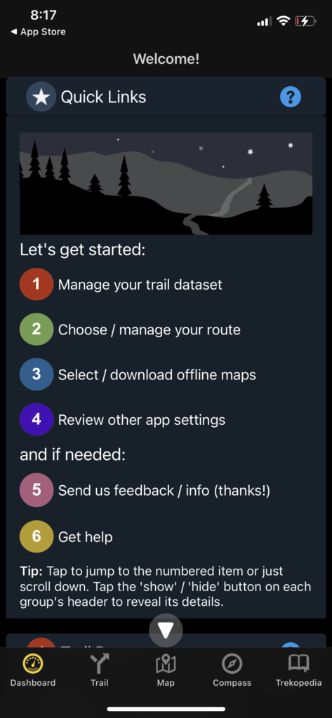 A screenshot of the app TrailSmart that shows the different tools available on the Lycian Way route. 
