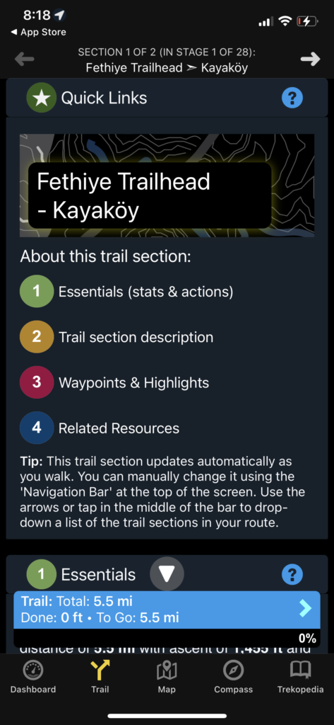 A screenshot of the app TrailSmart that shows the different mode settings hikers can use to access information about the Lycian Way trail. 