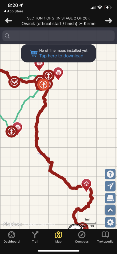A screenshot of the app TrailSmart that shows the map of the Lycian Way routes 