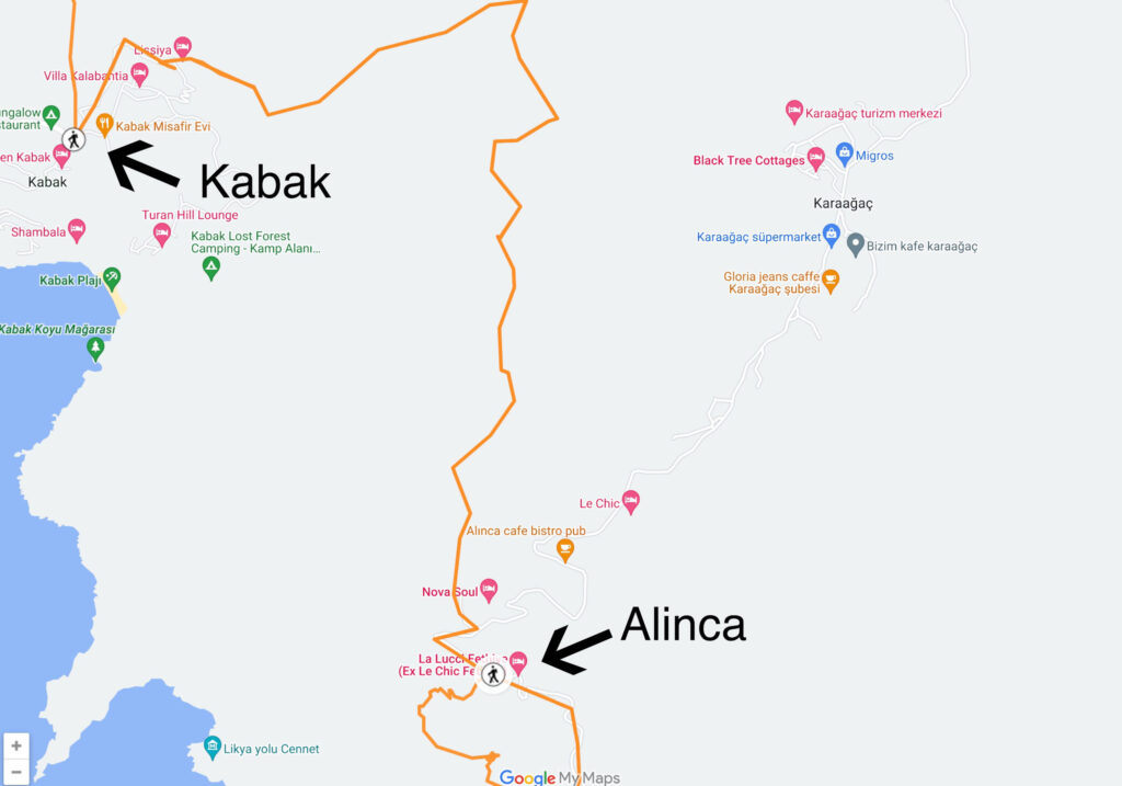 A Lycian Way map of the hiking route from Kabak to Alinca 