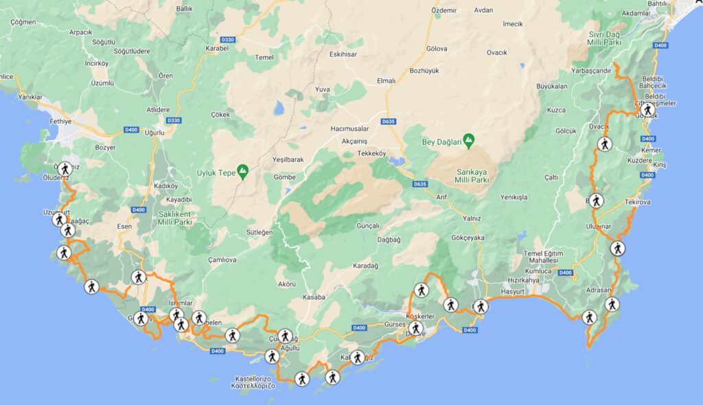Map of the Lycian Way route from Fethiye to Antalya in Turkey. 