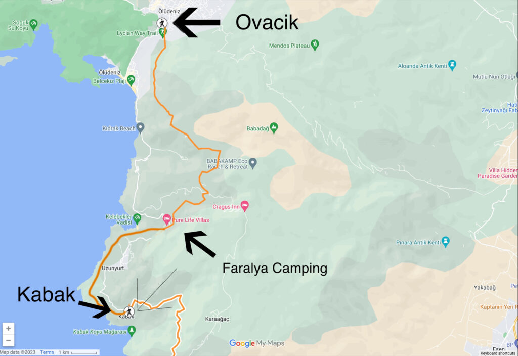 A map of the trekking route from Ovacik to Kabak