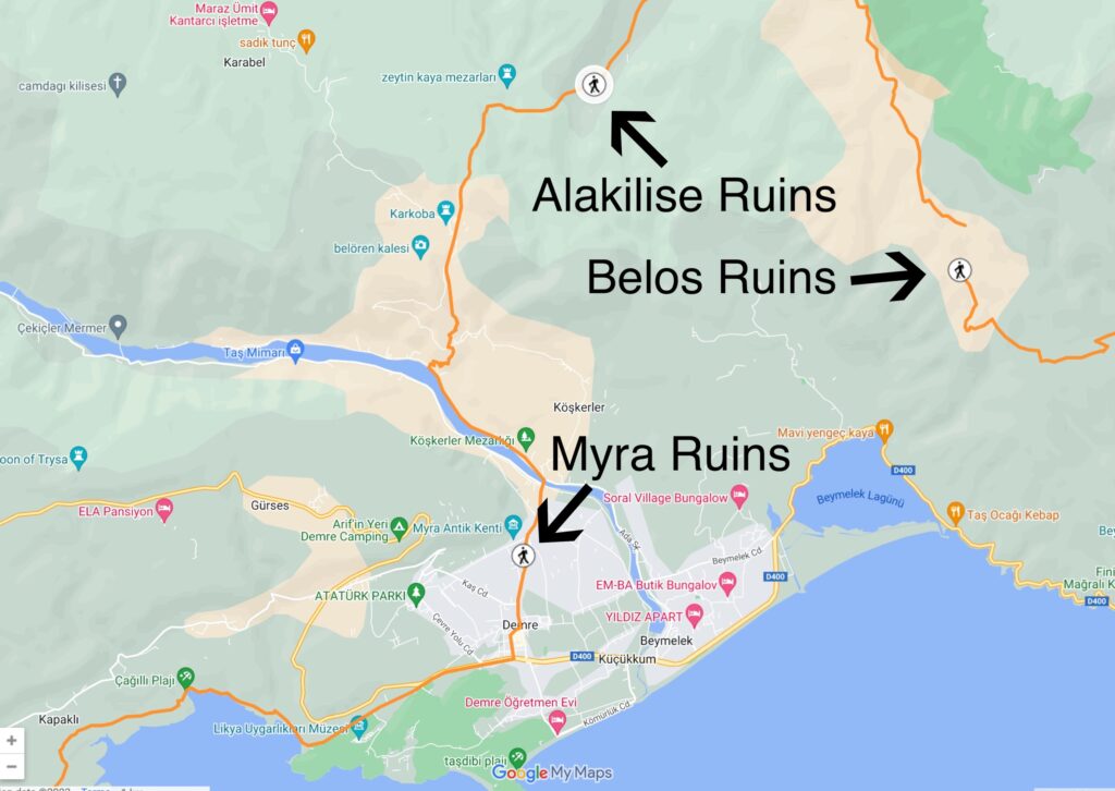 A Lycian Way map of the route from Myra Ruins to the Alakilise Ruins to the Belos Ruins 