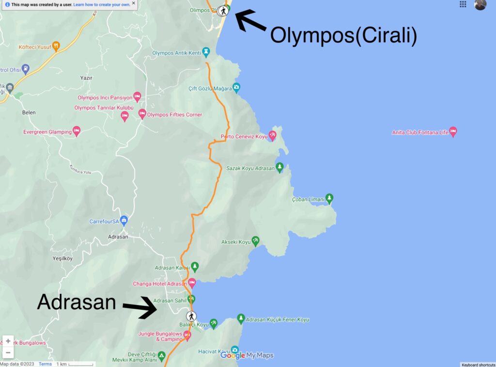 Map of the Lycian Way route starting in Adrasan and finishing in Olympos. 
