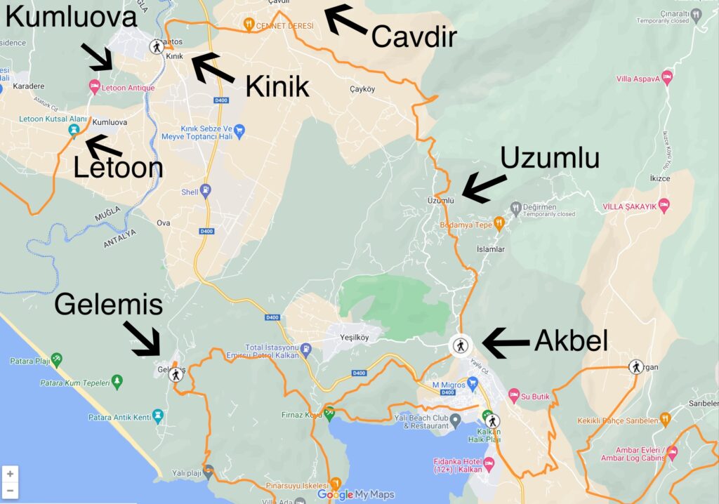 A map of the Lycian Way route marking the points Letoon, Gelemis, Uzumlu, and Akbel