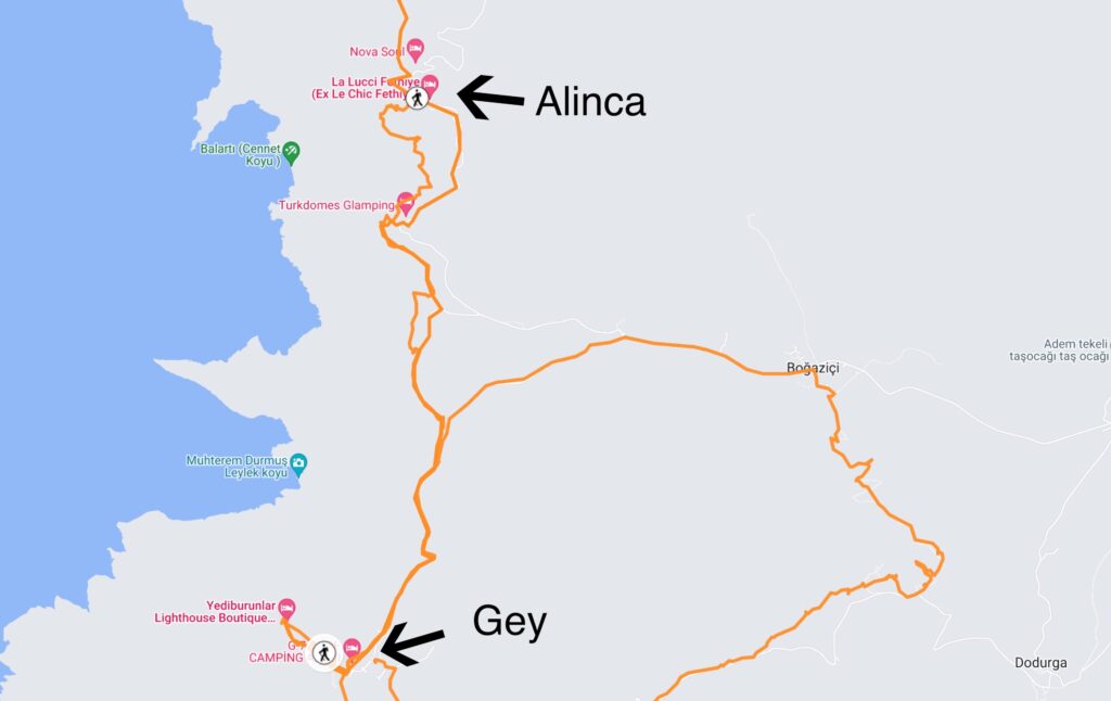 A Lycian Way map that shows the hiking route from Alinca to Gey