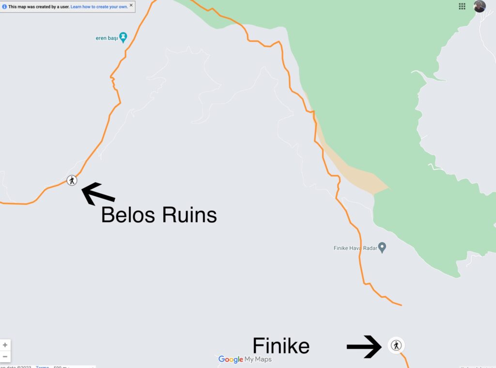 A Lycian Way map that shows the route from the Belos Ruins to Finike