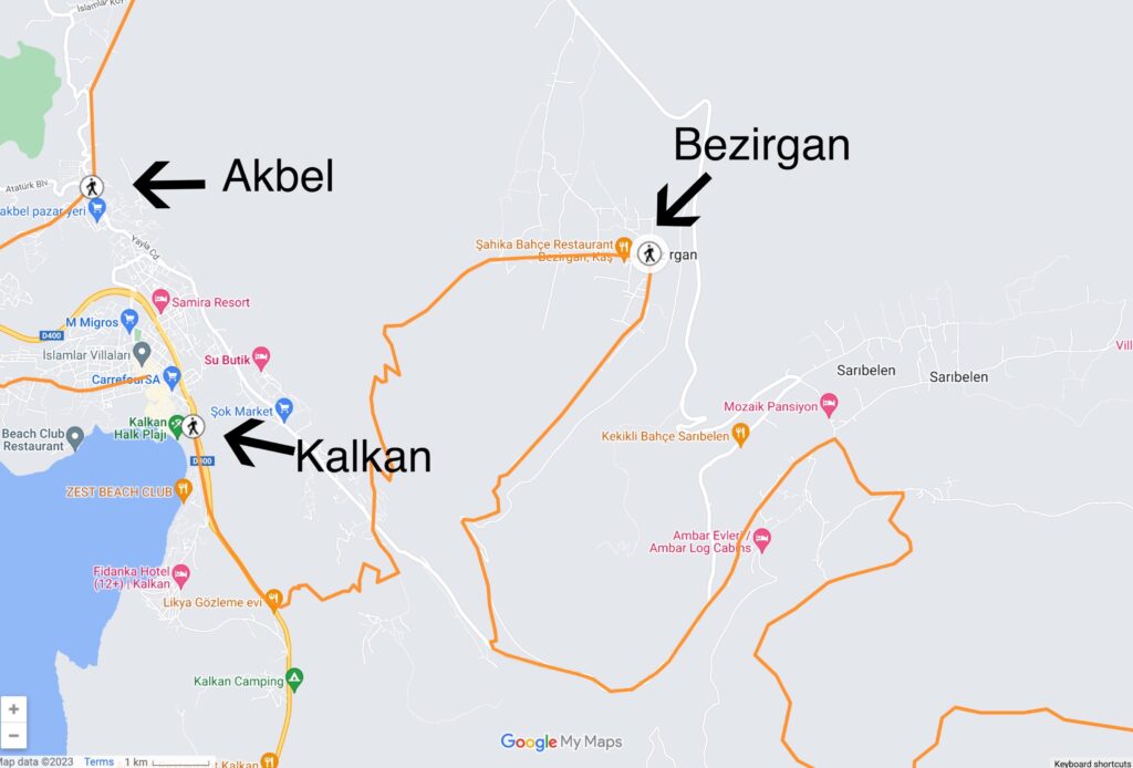 A map of the Lycian Way route from Akbel, Kalkan, to Bezirgan in Fethiye, Turkey