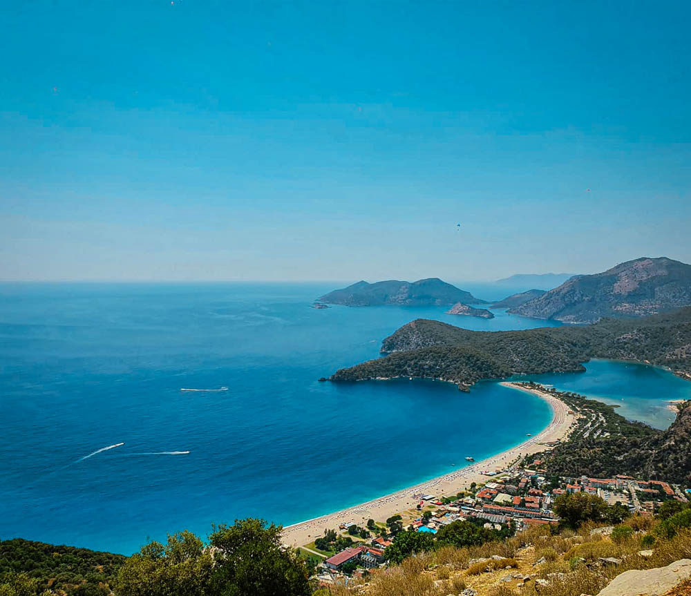The view of Oludeniz Beach from the Lycian Way trail in Fethiye, Turkey. 