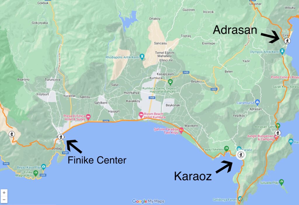 a route map of the Lycian Way that shows the camping spots for hikers in Finike, Karaoz, and Adrasan