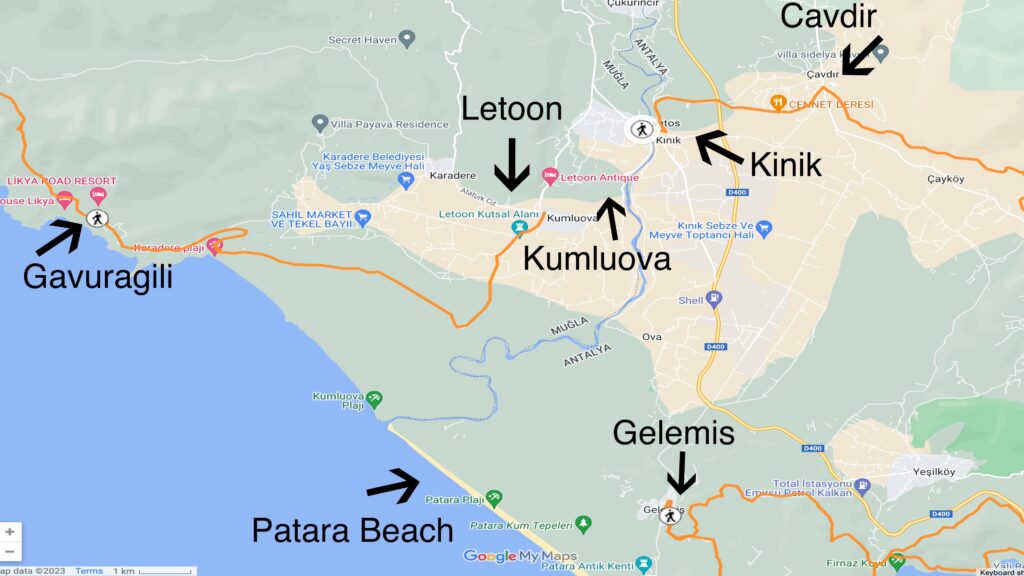 A map of the Lycian Way route showing the camping spots available for Lycian Way hikers