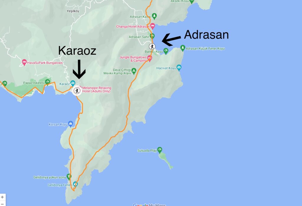 Map of the Lycian Way route from Karaoz to Adrasan in Turkey. 