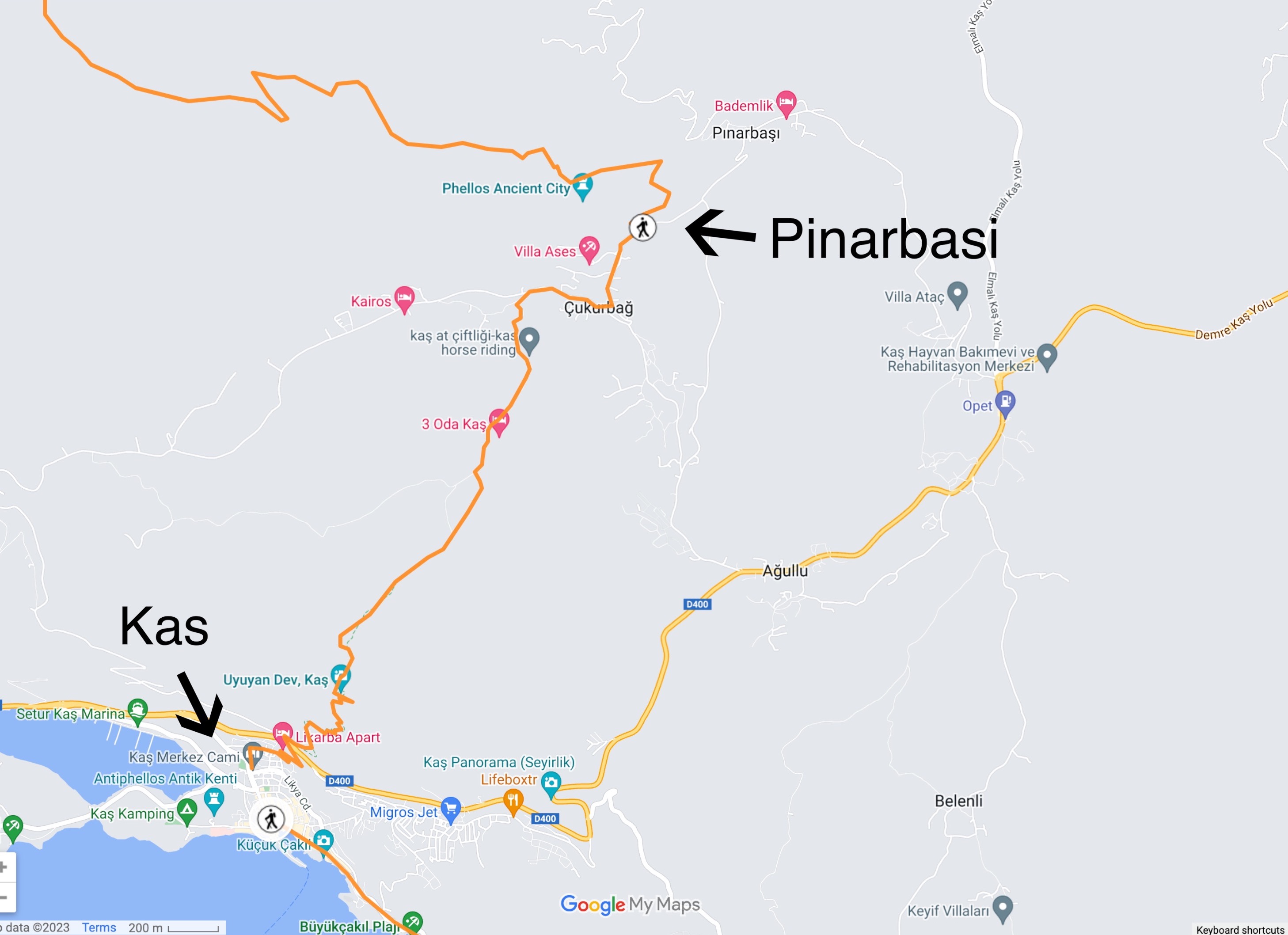 A map of the Lycian Way route from Pinarbasi to Kas 