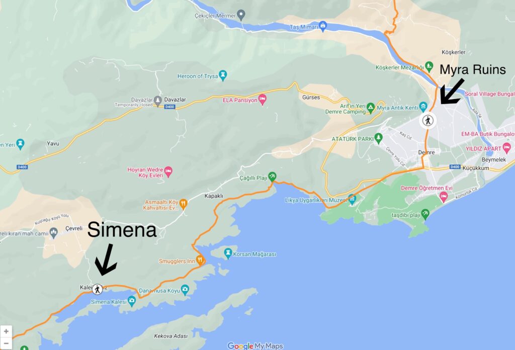 A map of the Lycian Way route from Simena to the Myra Ruins