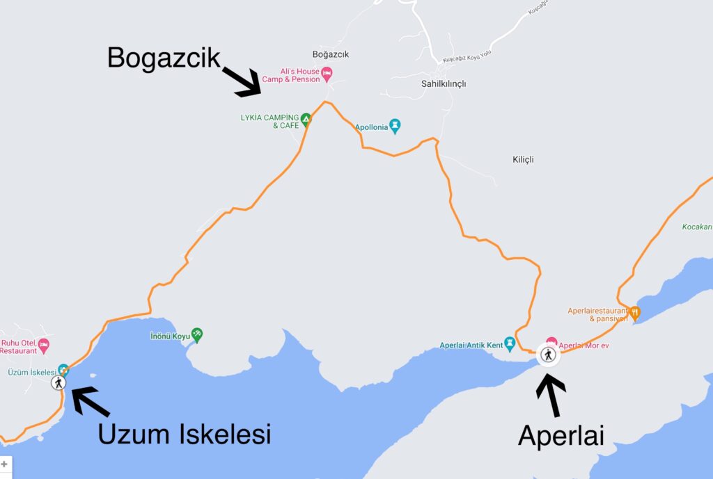 A map of the Lycian Way route from Uzum Iskelesi, to Bogazcik to Aperlai. 