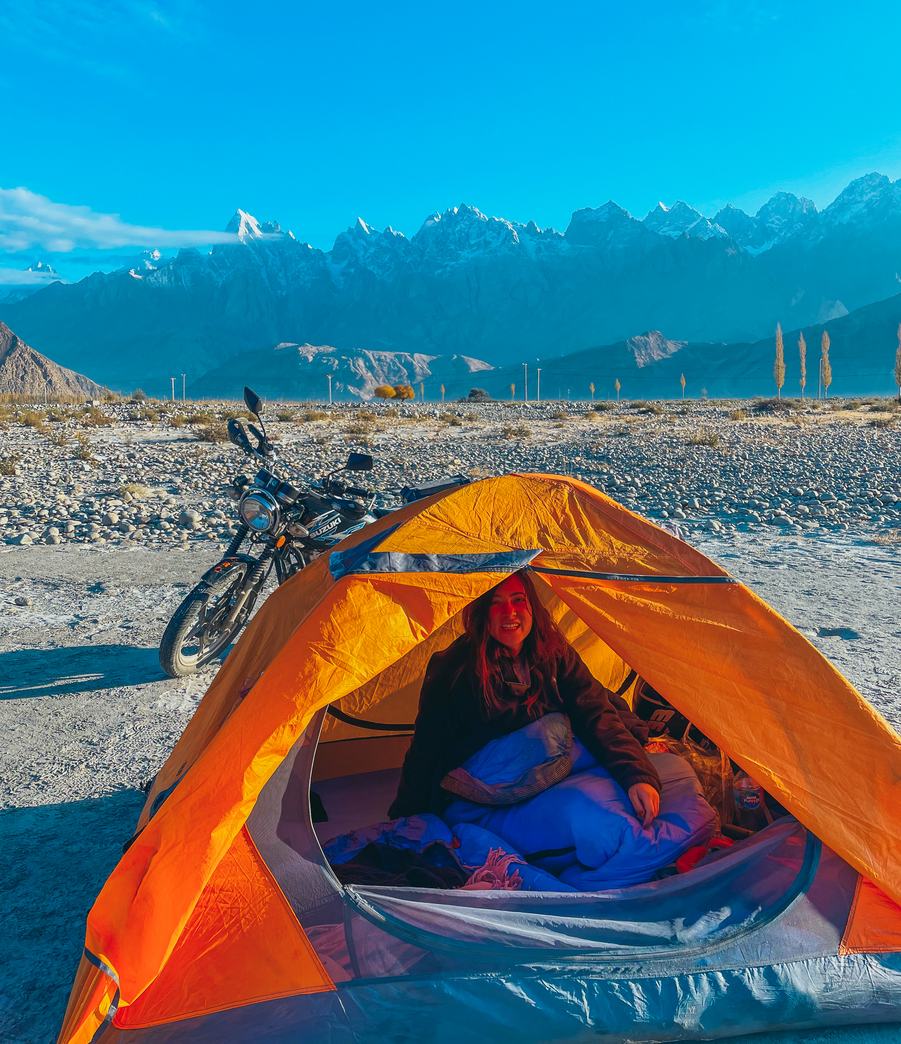 Camping on the side of the Indus River in Saling, Pakistan