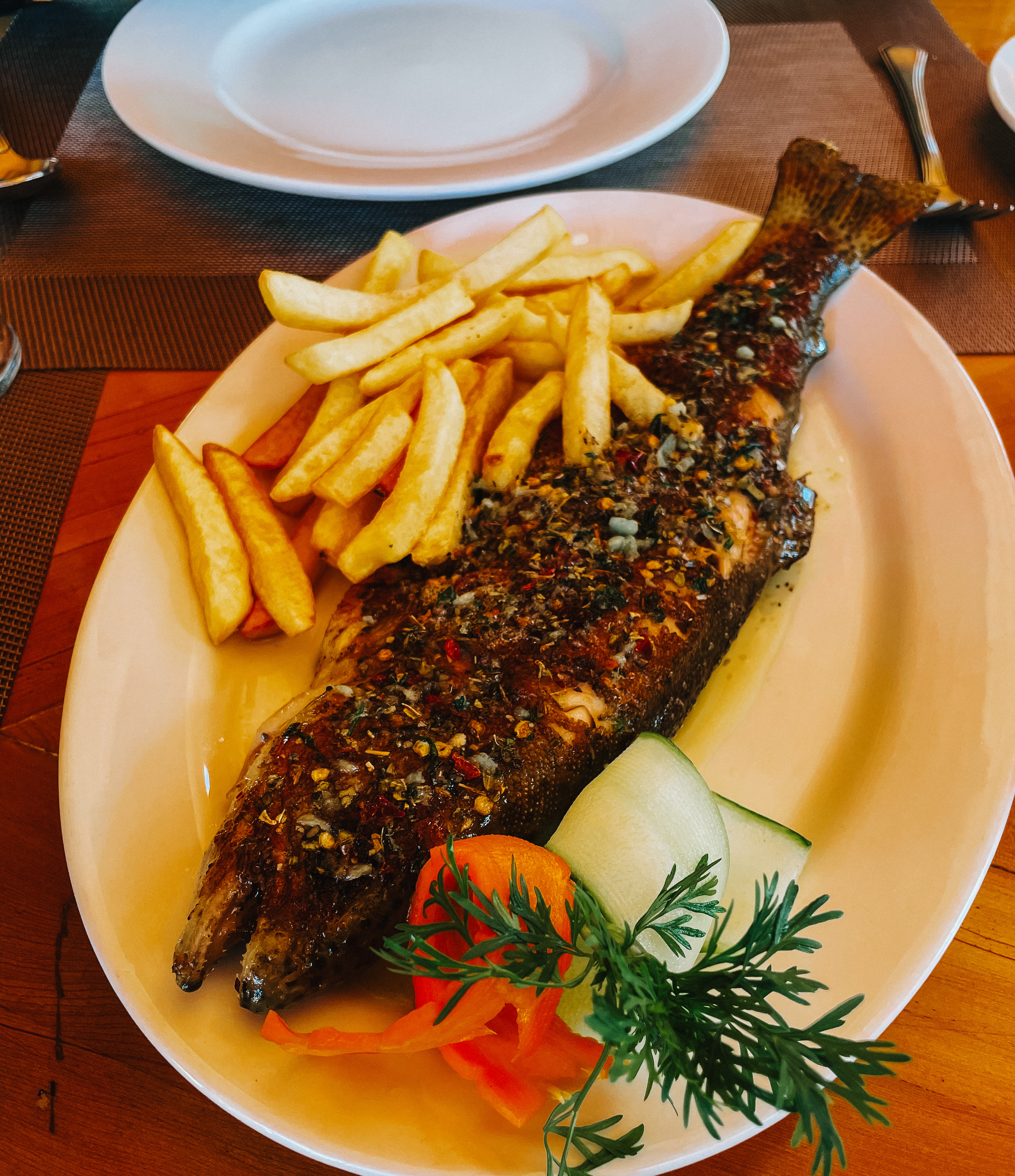 A bass fish dinner at Shangri-La Resort in Skardu, Pakistan